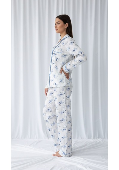 Divinus Tavşan Desenli Gömlek Yakalı Beyaz/mavi Kadın Pijama Takımı Beyaz - Mavi