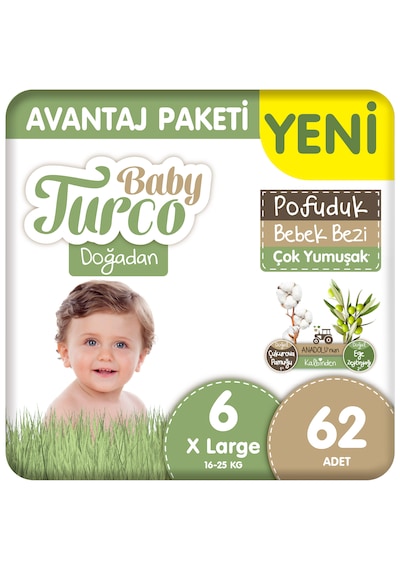 Baby Turco Doğadan Avantaj Paketi Pofuduk Bebek Bezi 6 Numara Xlarge 62 Adet
