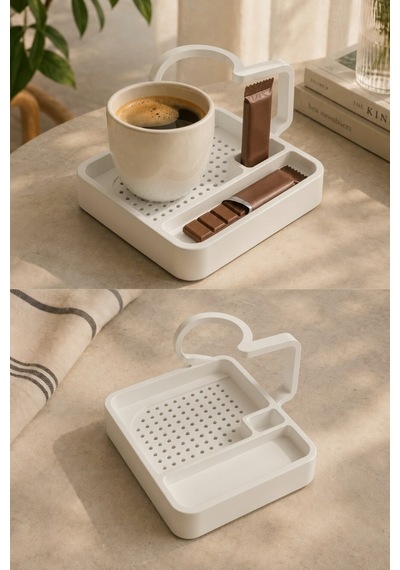 Kahve Sunum Tepsisi Çok Bölmeli Masa Üstü Organizer Kupa Fincan Standı Pla 12.5x11x7 Cm Beyaz
