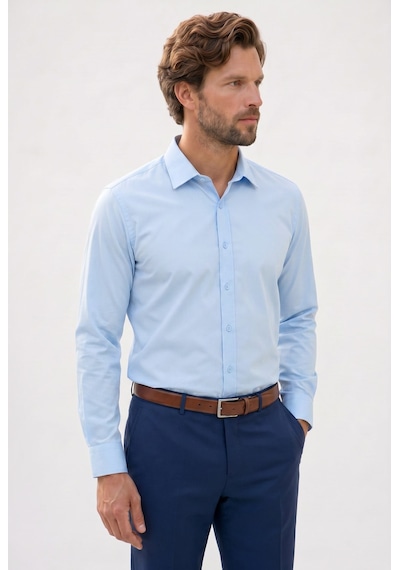 Tudors Erkek Modern Slim Fit Uzun Kollu %100 Pamuk Premium Seri Saten Mavi Gömlek-49937