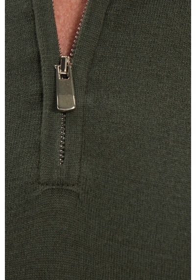 Tudors Erkek Slim Fit Dar Kesim %100 Pamuk Örme Triko Fermuarlı Haki Polo Yaka Tişört-50719