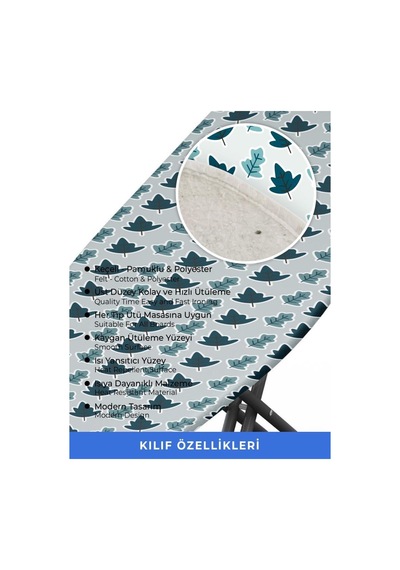 Ütü Masası Kılıfı Örtüsü Bezi, Turkuaz Yapraklı Süngerli Ve Keçeli, Yanmaz, Ayarlanabilir 48x138 Cm
