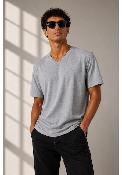 Barlashive Erkek V Yaka Basic Tişört Kısa Kol Yazlık Regular Fit T-shirt - Gri Çok Renkli