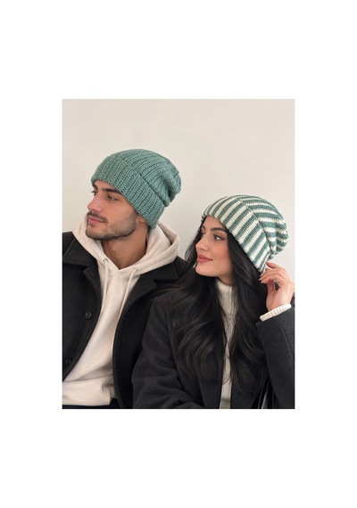 Nurera Design Kışlık Şapka/çift Sevgili Kombin 2'li Bere Yeşil Yeşil