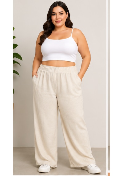 Cocosushicooo Büyük Beden Rahat Pantolon Kadın Bol Paça Lastikli Bej Pantolon Krem