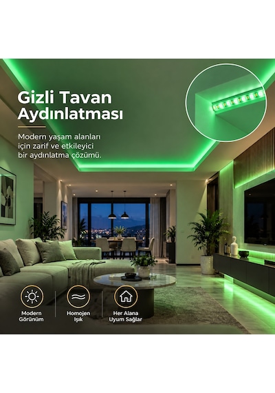 Şerit Led Yeşil 5 Metre 220v Yüksek Parlaklık 120 Led/m Tak Çalıştır Fişli Anahtarlı Silikonlu İç/dı 100 Metre