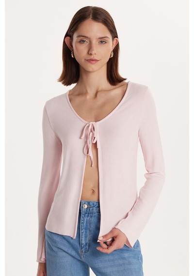 Tudors Kadın Regular Fit Uzun Kollu U Yaka Bağlama Detaylı Viskon Pembe Hırka-34446 Pembe
