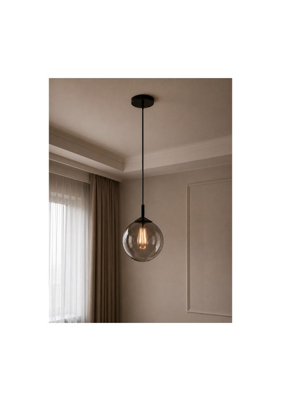 Elan Siyah Metal Tekli Füme Cam Küre Sarkıt Avize Ayarlanabilir Modern Metal Minimal Tavan Aydınlatma
