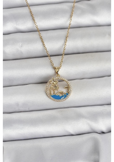 316l Çelik Zincir Gold Renk Zirkon Taşlı Deniz Temalı Kadın Kolye Renkli 42961346