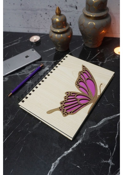Kelebek Desenli Ahşap Kapaklı Defter - Ajanda - Günlük - Çizgisiz Defter - Düz Notebook Çizgisiz