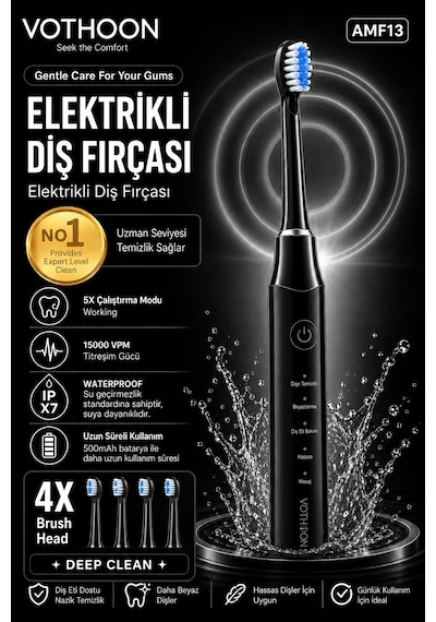 Şarjlı Diş Fırçası 15000 Vpm Titreşim Gücü, 500mah Batarya, 5 Temizlik Modu Siyah