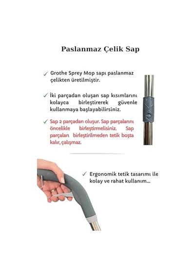 Grothe Wipe Sprey Mop Gri 2 Mop Bezli Tıpasız Sistem 700 Cc Su Hazneli Mikrofiber Parke Mermer Fayans İçin Üretici Garantili Açık Bej