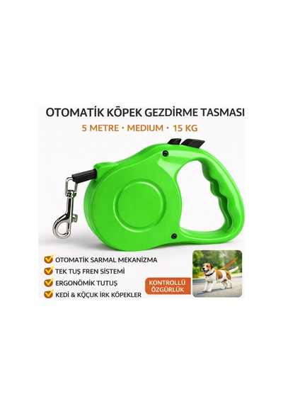Karamel Pet Otomatik Köpek Gezdirme Tasması Medium 5 Metre 15 Kg Yeşil Çok Renkli