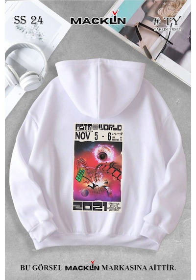 Macklin Unisex Kadın Erkek Astroworld Özel Tasarım Baskılı Kapşonlu Sweatshirt Beyaz Mck0890 Beyaz