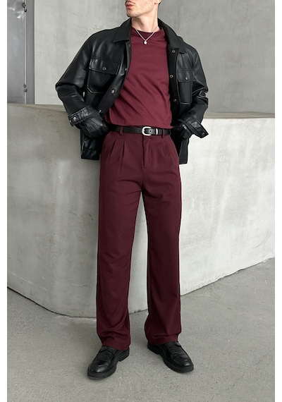 Erkek Pileli Baggy Kalıp Kumaş Pantolon Bordo