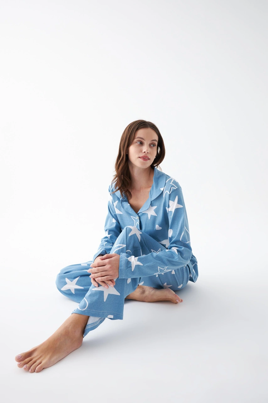 Akbeniz Kadın Mavi Yıldız Desenli Düğmeli Pamuklu Pijama Takımı Mavi