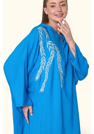 Veraura Lifestyle Mavi Kapüşonlu Nakışlı Cepli Oversize Uzun Elbise