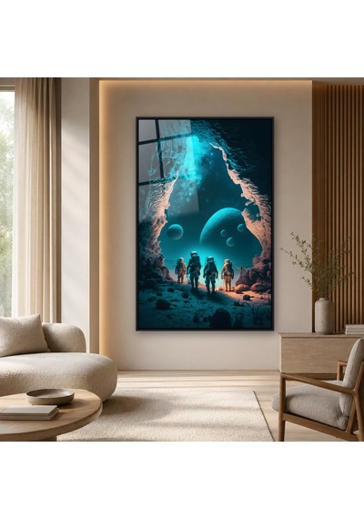 Mağaradan Gezegenlere Bakan Astronotlar Siyah Çerçeveli Cam Tablo