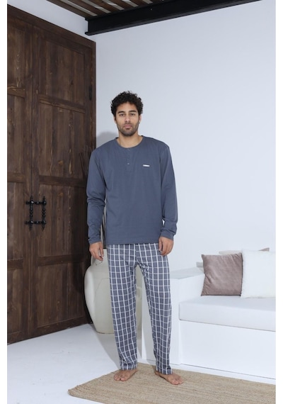 Lukitus Sıfır Yaka Düğmeli Pamuklu Erkek Pijama Takımı Byrz70015-a Antrasit