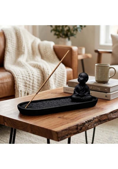 Budist Figürlü Dekoratif Tütsülük - Minimalist Modern Ev Aksesuarı - Siyah