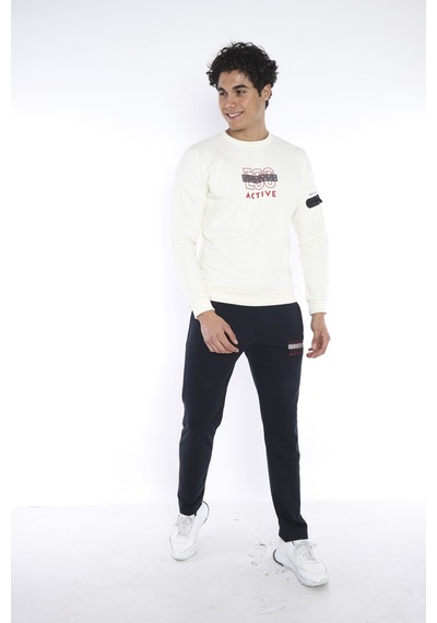 Erkek Spor Slimfit Ekru Sweatshirt Takım Ekru