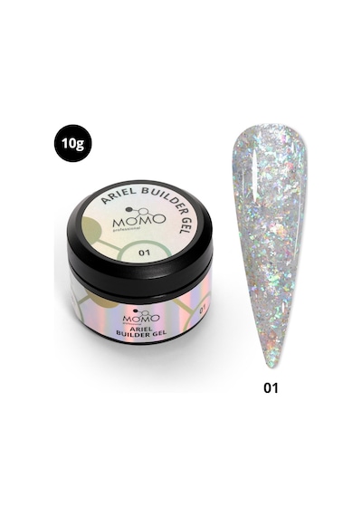 Momo Professional Ariel Builder Gel Nail Art İçin Protez Tırnak Jeli No.01 Şeffaf Holografik Yeşil Sarı Simli 10 Gr