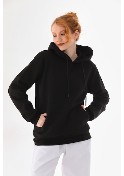 Everest Everst Kapüşonlu 3 İplik Şardonlu Kanguru Cepli Sweatshirt Siyah