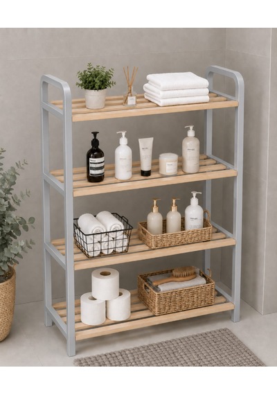 Ahşap Banyo Düzenleyici Lüks 70 Cm Banyo Rafı, Banyo Dolabı, Plastik Çerçeveli Çok Amaçlı Raf 4 Katlı Düzenleyici Gri