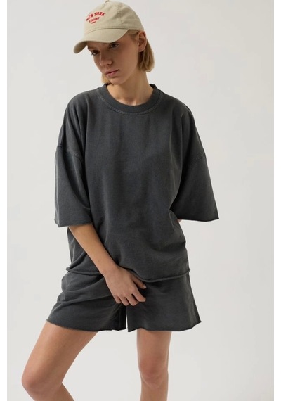 Oversize Lazer Kesim Bisiklet Yaka T-shirt Antrasit
