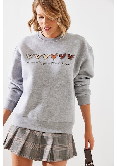 Shade Kadın Üç İplik Şardonlu Renkli Kalp Baskılı Sweatshirt Mbhs007 60601007 - Gri Melanj