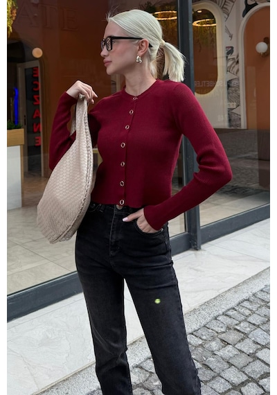 Madmext Bordo Çıt Kapamalı Triko Kadın Hırka Mg2579 Bordo