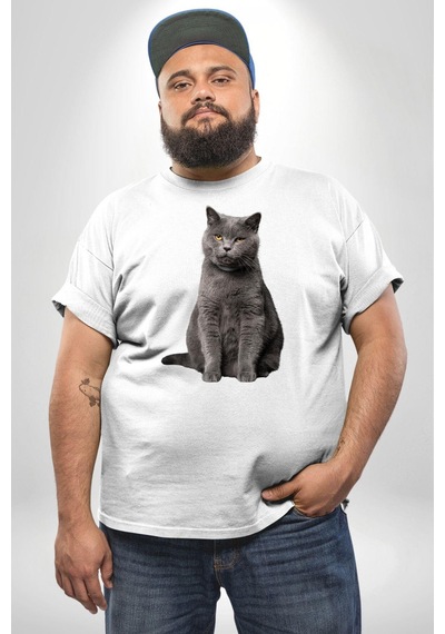Angemiel British Shorthair Kedi Beyaz Büyük Beden Kadın Erkek Ünisex Basic Ön Baskılı Tişört Beyaz