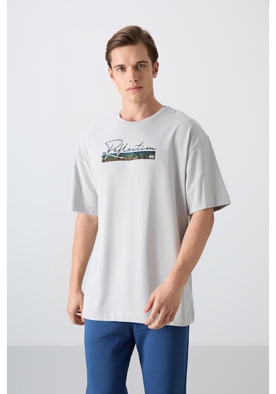 Tommy Life Taş Pamuklu Kalın Yumuşak Dokulu Oversize Fit Baskılı Erkek T-shirt - 88334 Taş