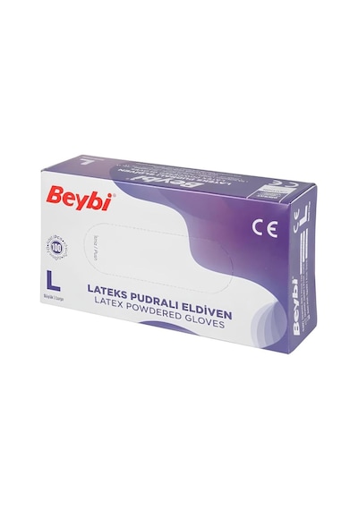 Beybi L Large Beden Pudralı Lateks Beyaz 100 Lü Muayene Eldiveni