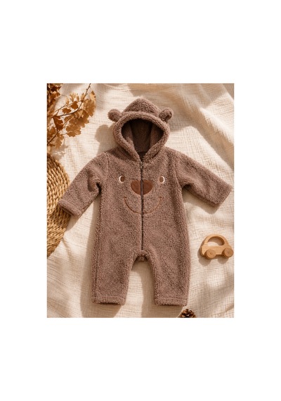 Omeca Concept Ayıcık Detaylı Kapüşonlu Peluş Bebek Tulum Kahverengi