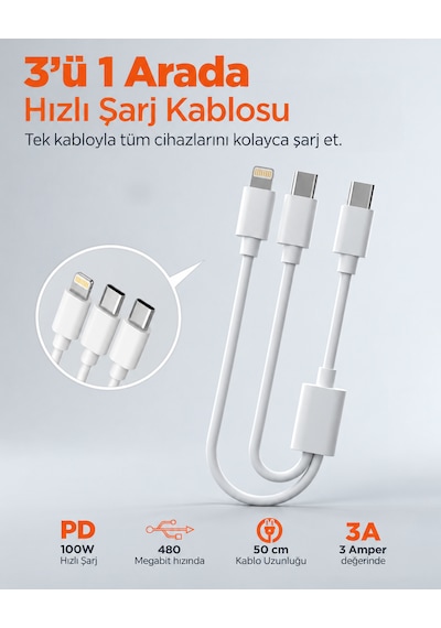 3 Uçlu Hızlı Şarj Kablosu 100w Type-c Lightning Çoklu Şarj Aleti Kablosu 50 Cm Beyaz