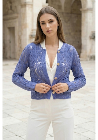 Sayzen Your Shine Dantel Desenli Gold Düğmeli Basic Ceket Shn-2602-tg Mavi