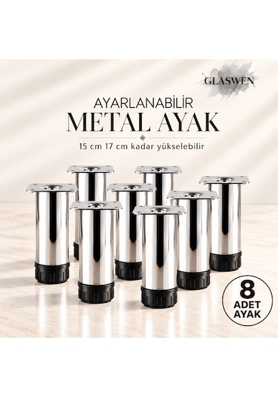 8 Adet Metal Ayarlanabilir 15 Cm Krom Destek Ayağı Mobilya Kanepe Baza Koltuk Dolap Sehpa Tv Ünitesi Ayağı