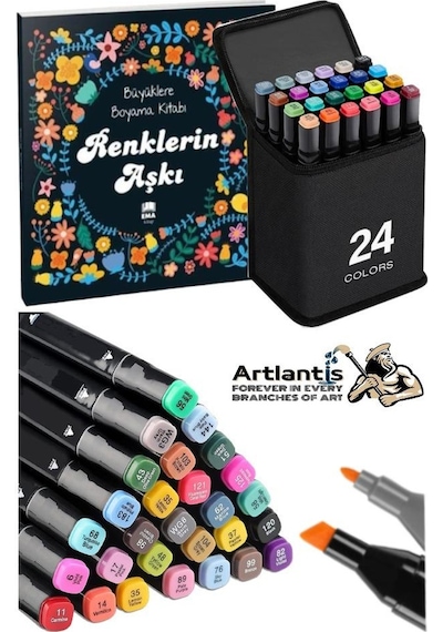24 Adet Çift Taraflı Marker Kalem Çantalı 1 Paket 24 Renk Touch Markör Renklerin Aşkı Mandala Büyüklere Boyama Kitabı Çok Renkli