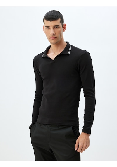 Koton Slim Fit Tişört Uzun Kollu V Yaka Polo Pamuklu Siyah 5wam10197hk Siyah