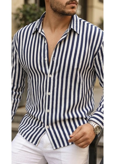 Valensdesign Erkek Dikey Çizgili Yarım Oversize Gömlek Lacivert