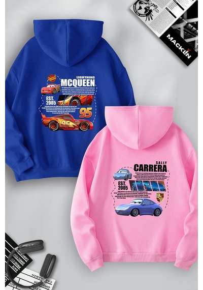 Macklin Sevgili Çift Kombin Mcqueen Ve Sally Sırt Baskılı Özel Tasarım Kapüşonlu Sweatshirt 2li Set Takım Mavi Pembe Mck1173 Çok Renkli