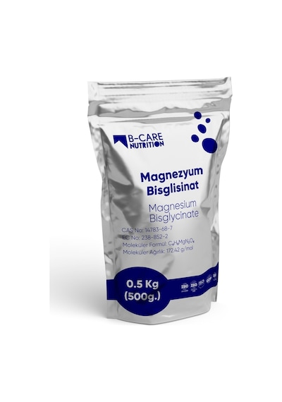 B-care Nutrition Magnezyum Bisglisinat Magnesium Bisglycinate Toz Hammadde Katkısız Aromasız Yüksek Biyoyararlanımlı Magnezyum Kaynağı 0,50kg 500g.