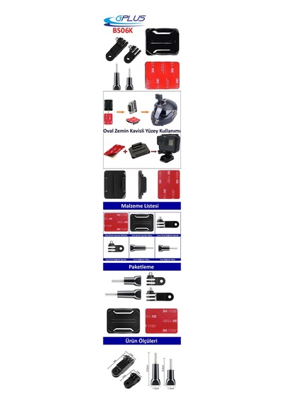 Gplus Bs06k 6 Parça Oval Zemin Kavisli Yüzey 3 Yollu Aksiyon Kamera Uyumlu 3m Yapışkanlı Motor Kask Bağlantı Seti Siyah