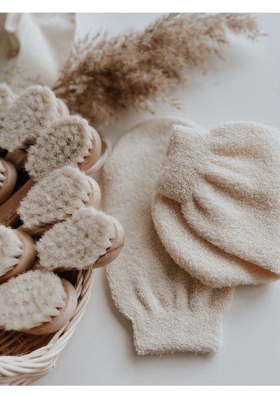 Doğal Keçi Kılı Ahşap Bebek Fırçası Ve Pamuk Bebek Banyo Kesesi 2li Set