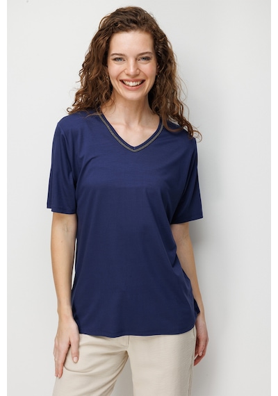 Desen Triko Kadın V Yaka Yaka Kenarı Zincirli Penye T-shirt 26707 Lacivert Lacivert