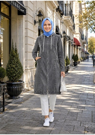 Hb Harma Time Butik Kadın Kapüşonlu Cepli Fermuarlı Gri Kot Kap