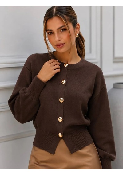 Park Karon Kadın Gold Metal Düğmeli Triko Hırka Balon Kol Crop Premium Ceket 12525 Kahve