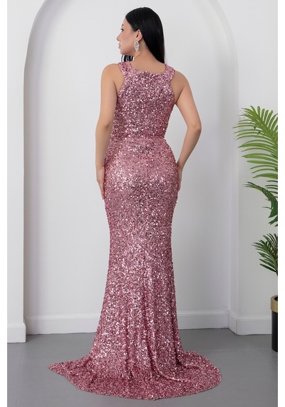 Kalopya Halter Yaka Yırtmaçlı Pulpayet Elbise Ecr5482 Pudra