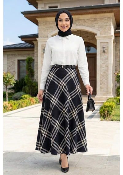 Hb Harma Time Butik Kadın Lacivert Desenli Kemerli Etek